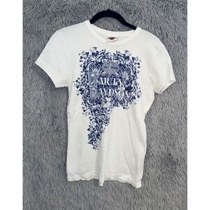Harley Davidson Woodstock Illinois White Blue Graphic T Shirt Short Sleeve Top